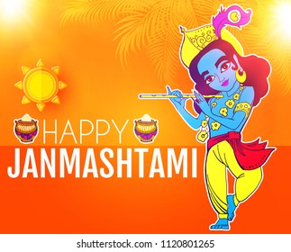 Happy Janmashtami. Joung Lord Krishna Playing Flute. Vector illustration