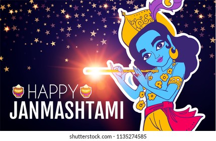 Happy Janmashtami. Joung Lord Krishna Playing Flute. Vector illustration