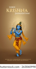Happy Janmashtami with krishna mantra in sanskrit. Happy Janmashtami realistic  Lord Krishna vector. Translation in English- Salutations to Krishna, the son of Vasudeva, who is the Supreme Soul
