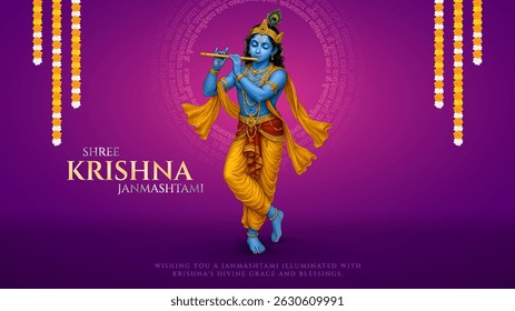 Feliz Janmashtami com krishna mantra em sânscrito. Feliz Janmashtami realista Lord Krishna vetor. Tradução em inglês- Saudações a Krishna, filho de Vasudeva, que é a Alma Suprema