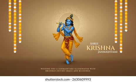Happy Janmashtami with krishna mantra in sanskrit. Happy Janmashtami realistic  Lord Krishna vector. Translation in English- Salutations to Krishna, the son of Vasudeva, who is the Supreme Soul