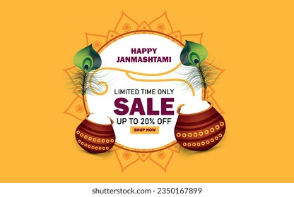 Happy Janmashtami limited time sale banner design with 20% off on abstract yellow background