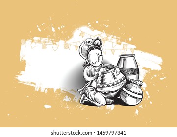 Happy Janmashtami - Little cartoon Krishna with a pot of butter. Greeting card for Krishna birthday, Hand Drawn Sketch Vector illustration.