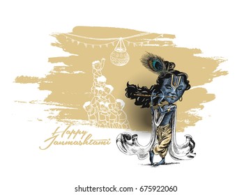 Happy Janmashtami - Lord Krishana, Hand Drawn Sketch Vector illustration.