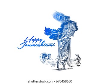 Happy Janmashtami - Lord Krishana, Hand Drawn Sketch Vector illustration.