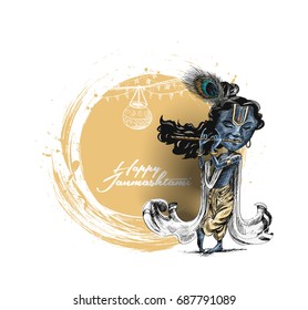 Happy Janmashtami - Lord Krishana, Hand Drawn Sketch Vector illustration.