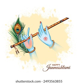 Happy Janmashtami with lord Krishna hand playing bansuri celebration design