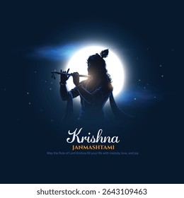 Happy Janmashtami with lord Krishna silhouette on night blue sky. Creative Vector Illustration design.