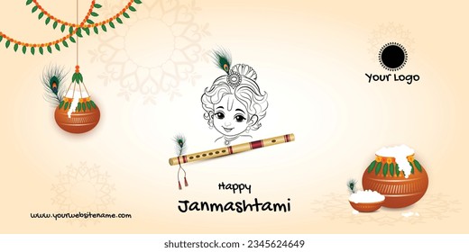 Happy janmashtami matki and bansuri with lord krishna illustration banner post design