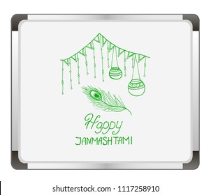 Happy Janmashtami on flip chart background. Indian fest. Dahi handi on Janmashtami, celebrating birth of Krishna. greeting cards .Hand drawn Vector illustration