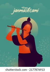 Happy Janmashtami text with Lord Krishna playing flute vector illustration, and the Indian festival Janmashtami celebration banner, digital post, poster and card design