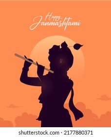 Happy Janmashtami Text mit Lord Krishna spielen Flöte Vektorgrafik, und das indische Festival Janmashtami feiern digitale Banner