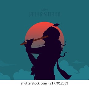 Happy Janmashtami text with Lord Krishna playing flute vector illustration, and the Indian festival Janmashtami celebration banner, digital post, poster and card design