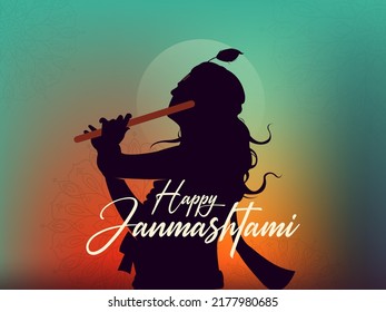 Fröhlicher Janmashtami-Text mit Lord Krishna, der Flöte-Vektorgrafik spielt 