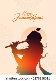 Happy Janmashtami Text With Lord Krishna Playing Flute Vector Illustration 