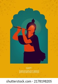 Happy Janmashtami text with Lord Krishna playing flute vector illustration, and the Indian festival Janmashtami celebration banner, digital post, poster, and card design