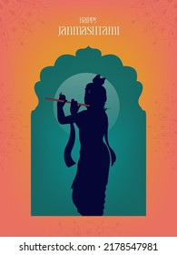 Happy Janmashtami text with Lord Krishna playing flute vector illustration, and the Indian festival Janmashtami celebration banner, digital post, poster, and card design