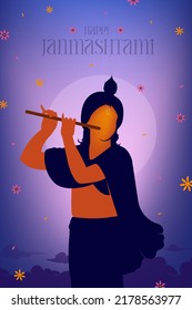Feliz texto de Janmashtami con Lord Krishna jugando ilustración vectorial de flauta, y el banner de la celebración del festival indio Janmashtami, post digital, afiche y diseño de tarjetas