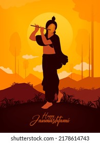 Happy Janmashtami text with Lord Krishna playing flute vector illustration background, The Indian festival Janmashtami celebration banner, digital post, poster, and card design