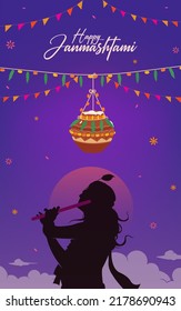 Happy Janmashtami Text With Lord Krishna Playing Flute And Dahi Handi Vector Illustration With Background, The Indian Festival Janmashtami Celebration Banner, Digital Post, Poster, And Card Design