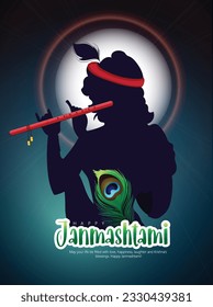 Happy Janmashtami with text and Lord Krishna playing flute, Janmashtami festival of India ,Shri Krishan Janmashtami