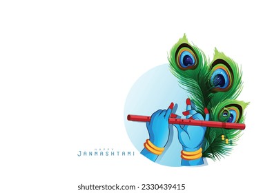 Happy Janmashtami with text and Lord Krishna playing flute, Janmashtami festival of India ,Shri Krishan Janmashtami