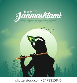 Happy Janmashtami text with Lord Krishna playing flute vector illustration