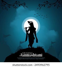 Feliz texto de Janmashtami con el Señor Krishna tocando Ilustración vectorial de flauta