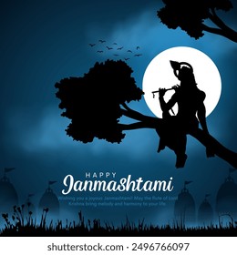 Happy Janmashtami text with Lord Krishna playing flute vector illustration