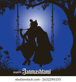 Happy Janmashtami  typography with Radha Krishna Swing Silhouette Vector for Janmashtami Festival .