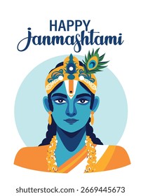 Feliz Janmashtami! Vetor retrato brilhante da divindade indiana Krishna com pena de pavão. Adequado para Janmashtami, Holi, Gita Jayanti, e também para cartazes, banners, cartões, avatares