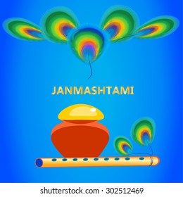 Happy Janmashtami vector illustration -  Krishna bansuri with Peacock feather and cute pot with makhan cream. Indian festival background.Wallpaper, greeting card template. Blue. Golden letters.