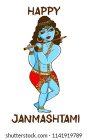 Happy Janmashtami. Vector Illustration Of Lord Krishna. Hand Drawn Greeting Card. Sketch.