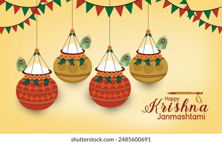 Happy Janmashtmi festival banner template design with dahi handi and peacock feather.