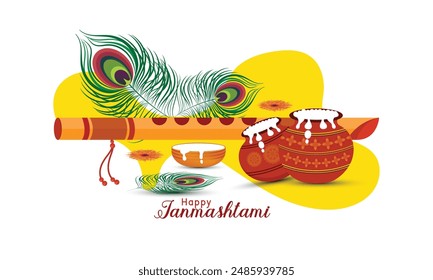 Happy Janmashtmi festival banner template design with dahi handi, peacock feather and Flute