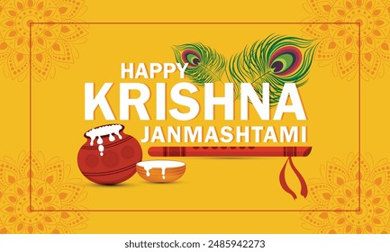 Happy Janmashtmi festival banner template design with dahi handi and peacock feather