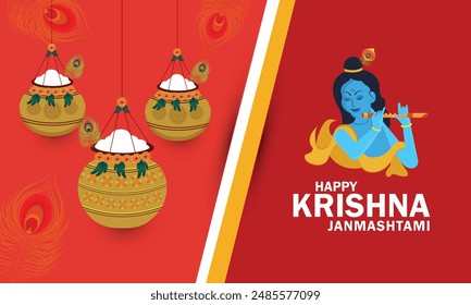 Happy Janmashtmi festival poster template design with Krishna flute, dahi handi and peacock feathers