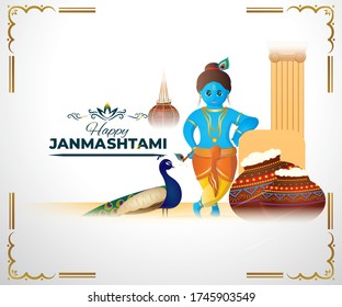 happy janmashtmi greeting card with cute Krishna baby cartoon ,peacock, butter pots, carved column on beautiful backdrop