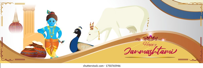 happy janmashtmi greeting card with cute Krishna baby cartoon ,peacock, butter pots, carved column on beautiful backdrop