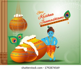 happy janmashtmi greeting card with cute Krishna baby cartoon ,peacock, butter pots, carved column on beautiful backdrop