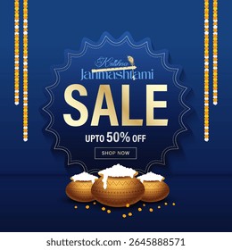 Happy janmashtmi sale banner with dahi handi. Vector illustration of Happy Krishna Janmashtami Sale social media feed template