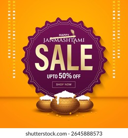 Happy janmashtmi sale banner with dahi handi. Vector illustration of Happy Krishna Janmashtami Sale social media feed template