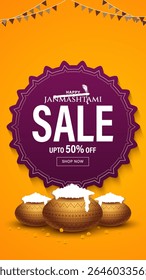 Happy janmashtmi sale banner with dahi handi. Vector illustration of Happy Krishna Janmashtami Sale social media feed template