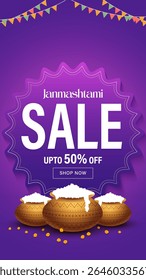 Happy janmashtmi sale banner with dahi handi. Vector illustration of Happy Krishna Janmashtami Sale social media feed template