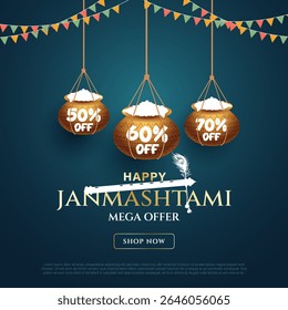 Happy janmashtmi sale banner with dahi handi. Vector illustration of Happy Krishna Janmashtami Sale social media feed template