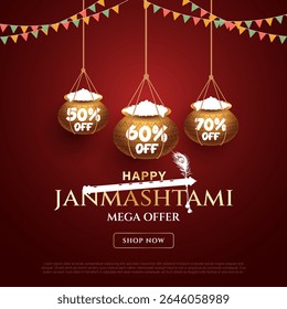 Happy janmashtmi sale banner with dahi handi. Vector illustration of Happy Krishna Janmashtami Sale social media feed template