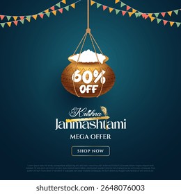 Happy janmashtmi sale banner with dahi handi. Vector illustration of Happy Krishna Janmashtami Sale social media feed template