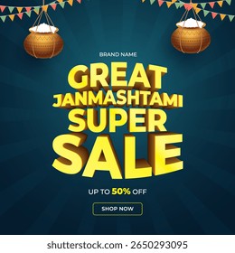 Happy janmashtmi sale banner with dahi handi. Vector illustration of Happy Krishna Janmashtami Sale social media feed template