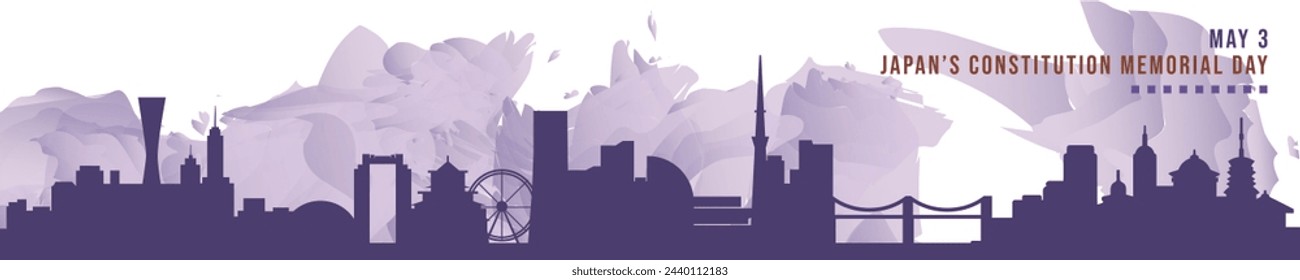 Happy Japan Constitution Memorial Day in May banner with cities skyline, panorama. Flat vector celebration graphic, layout for footer, steamer, header