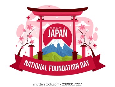 Feliz 11 de febrero, ilusión vectorial del Día Nacional de la Fundación de Japón con famosos monumentos japoneses y bandera con fondo de caricatura plana infantil